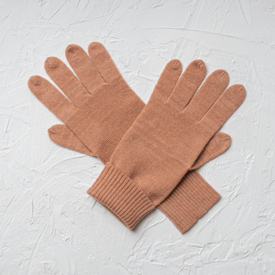 Cork 100% Cashmere Gloves laid flat with left hand on top of right#color_cork